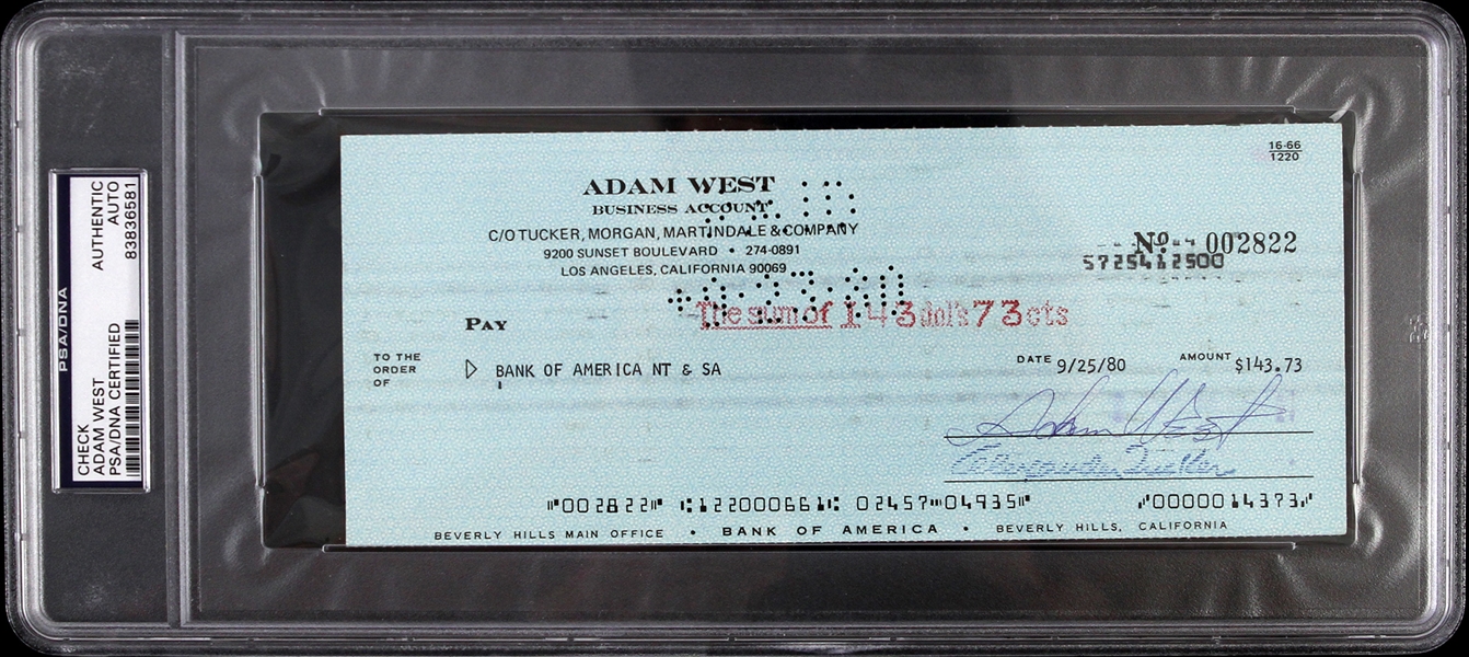 1980 Adam West Batman Signed Check (PSA/DNA Slabbed)