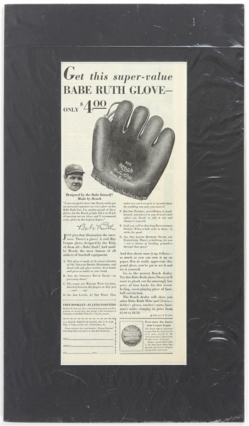 1930 Babe Ruth New York Yankees 10"x 18" Matted "Babe Ruth Glove" Advertisement