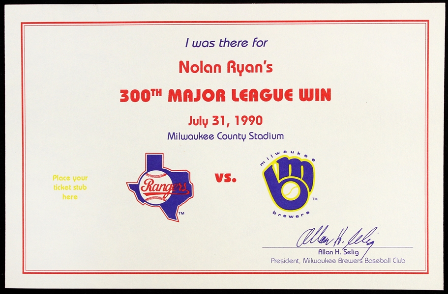 1990 Nolan Ryan Texas Rangers 300th Major League Win Certificates 