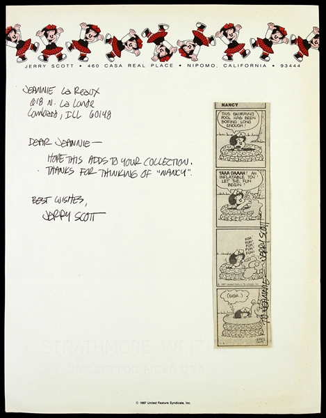 1987 Jerry Scott "Nancy" Signed Letter and Comic Strip (JSA)