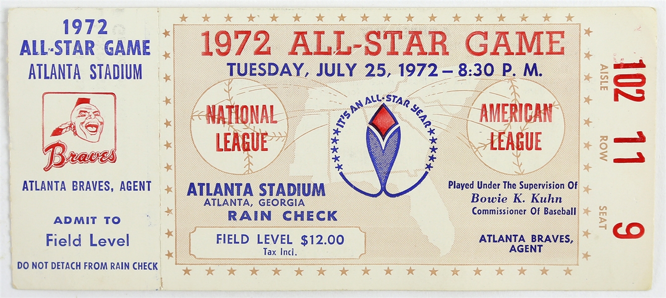 1972 All-Star Game Atlanta Braves Full Ticket 