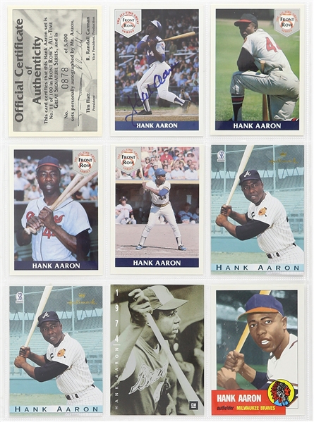 1990s Hank Aaron Milwaukee Braves Signed Front Row Trading Card w/ Upper Deck and The Score Board (Lot of 8)(JSA)