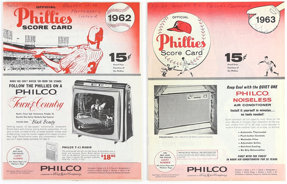 1962-1963 Official Philadelphia Phillies vs Milwaukee Braves Score Cards