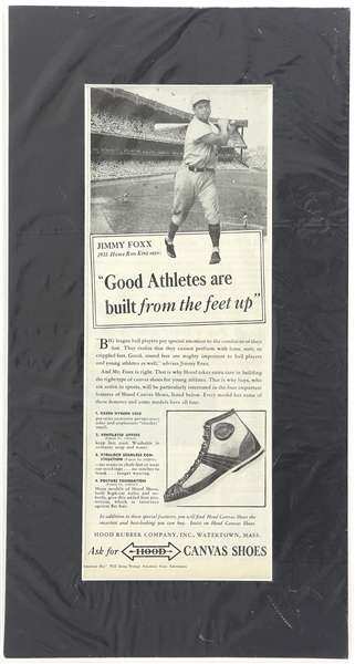 1930s Jimmy Foxx Philadelphia Athletics Hood Canvas Shoes 9"x 17" Mounted American Boy Advertisement 