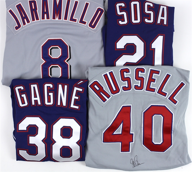 1996-2007 Texas Rangers Game Worn Jersey Including Jeff Russell (Autographed), Rudy Jaramillo, Eric Gagne, and Sammy Sosa (Lot of 4) (MEARS LOA) (JSA)