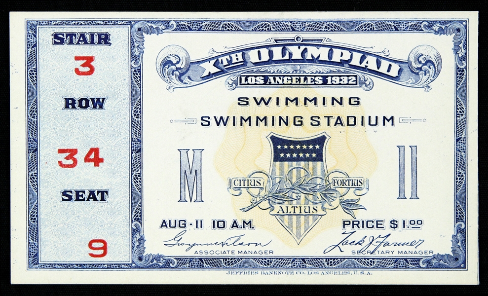 1932 Los Angeles Olympic Games Swimming Stadium Ticket 
