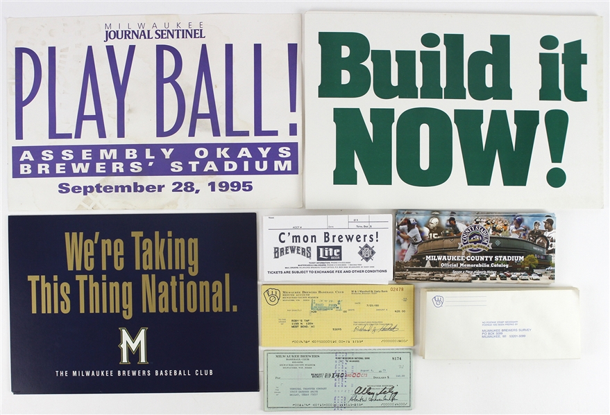 1970s-90s Milwaukee Brewers Memorabilia Collection - Lot of 178 w/ Bud Selig Signed Checks, Signage & More