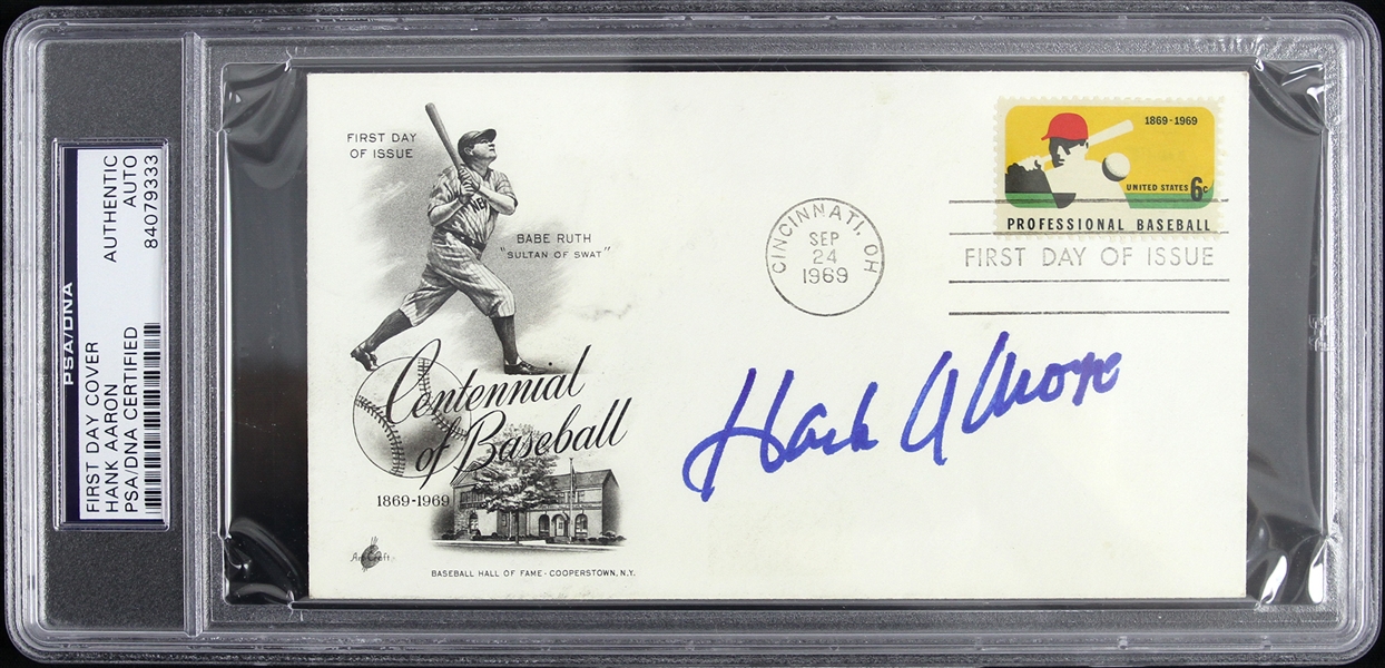 1969 Hank Aaron Milwaukee Braves Signed Centennial of Baseball 4"x 6" Envelope (PSA/DNA Slabbed) 