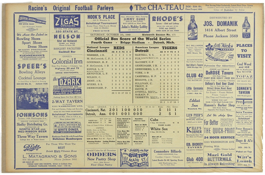 1940 Cincinnati Reds vs. Detroit Tigers World Series Game 4 Racine, WI Newspaper