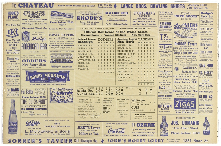 1941 Brooklyn Dodgers vs. New York Yankees World Series Game 2 Racine, WI Newspaper 