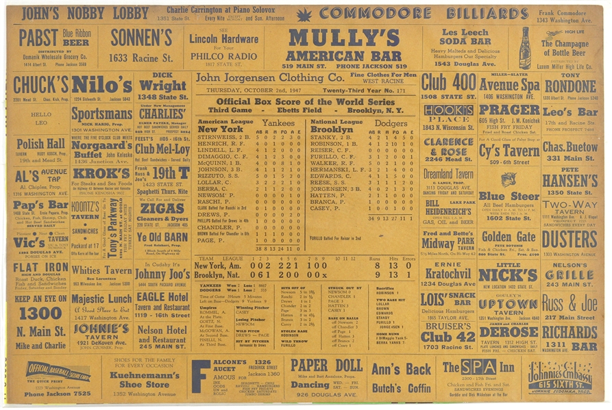1947 New York Yankees vs. Brooklyn Dodgers World Series Game 3 Racine, WI Newspaper 