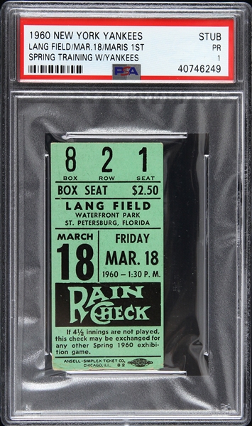 1960 Roger Maris New York Yankees 1st Spring Training Game Ticket Stub (PSA/DNA Slabbed)
