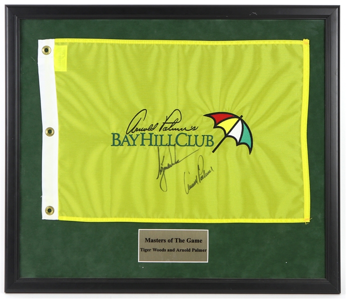 2003 Tiger Woods & Arnold Palmer Signed 22"x 26" Framed Bay Hill Club Flag (JSA)