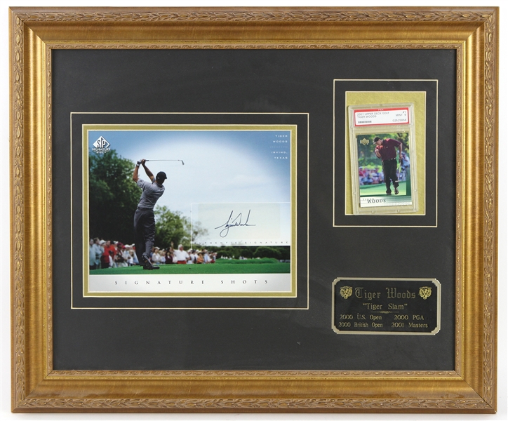 2000-2001 Tiger Woods Signed 20"x 24" Framed Photo & Upper Deck PSA/DNA Slabbed Card (JSA)