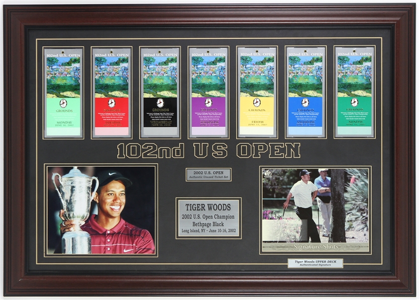 2002 Tiger Woods 102nd U.S. Open 28"x 39" Framed Unused Ticket Set and Photo Display