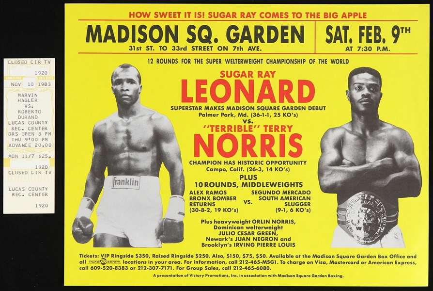 1980s-1990s Hagler vs Durand Ticket and Sugar Ray Leonard vs Terry Norris Madison Square Garden Flyer 