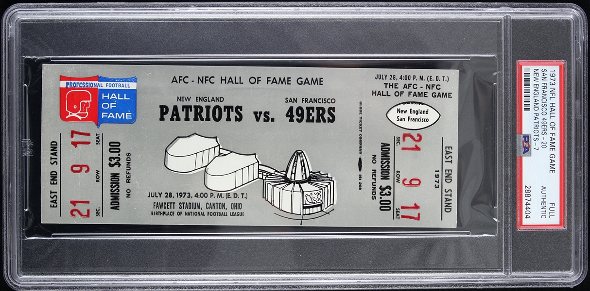 1973 San Francisco 49ers vs. New England Patriots Hall of Fame Game Full Ticket (PSA/DNA Slabbed) 
