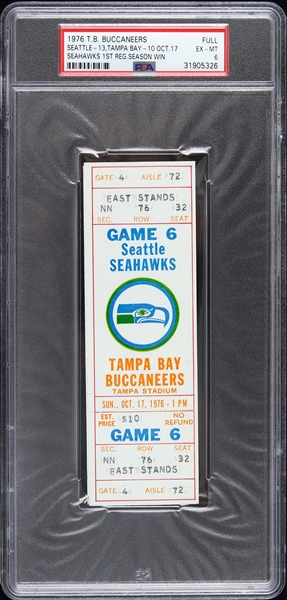 1976 Seattle Seahawks vs. Tampa Bay Buccaneers Game 6 Full Ticket (PSA/DNA Slabbed)
