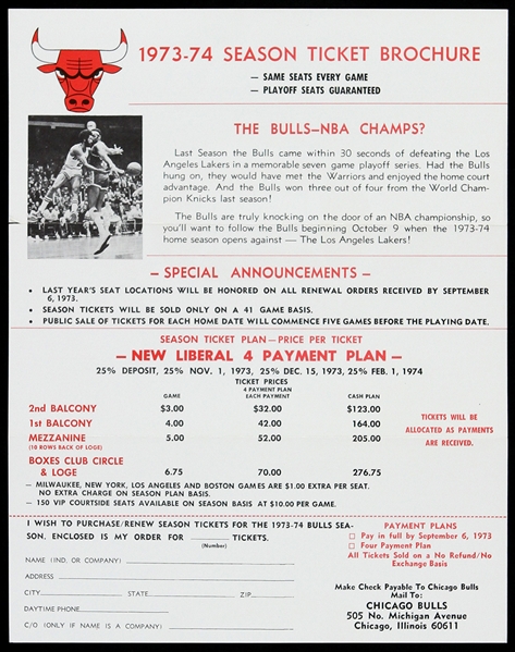 1973-1974 Chicago Bulls Season Ticket Brochure & Order Form