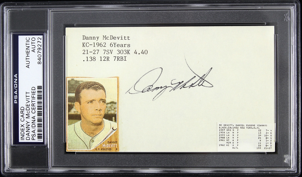 1957 Danny McDevitt Kansas City Athletics Signed 3"x 5" Index Card (PSA/DNA Slabbed) 