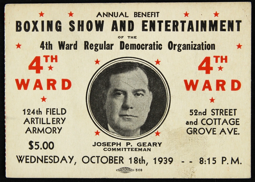1939 Boxing Show & Entertainment of the 4th Ward Regular Democratic Organization Ticket Stub 