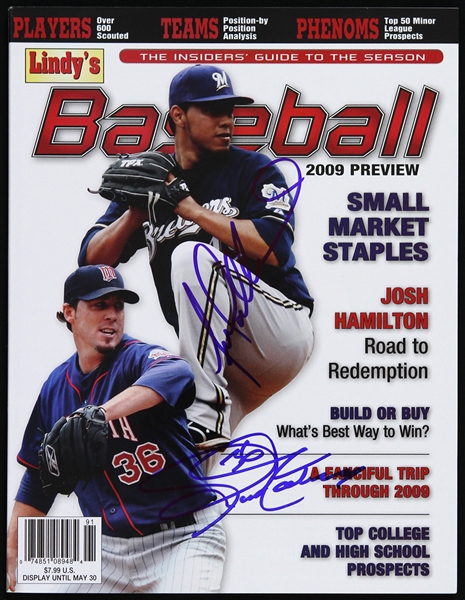 2009 Joe Nathan Minnesota Twins & Yovani Gallardo Milwaukee Brewers Signed Lindys Baseball Magazine (JSA)