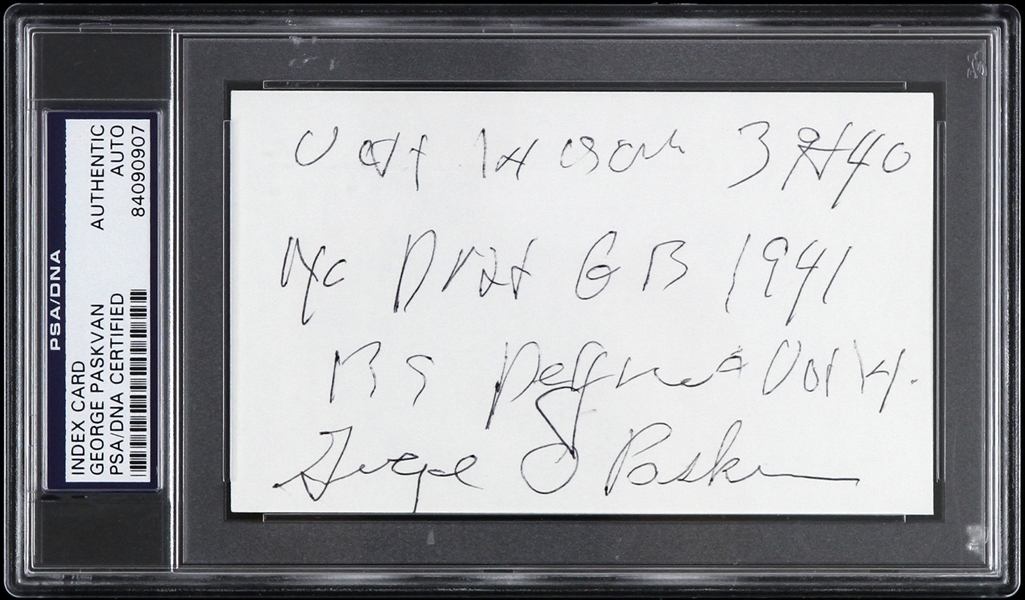 George Paskvan Green Bay Packers Autographed Index Card (PSA/DNA Slabbed)