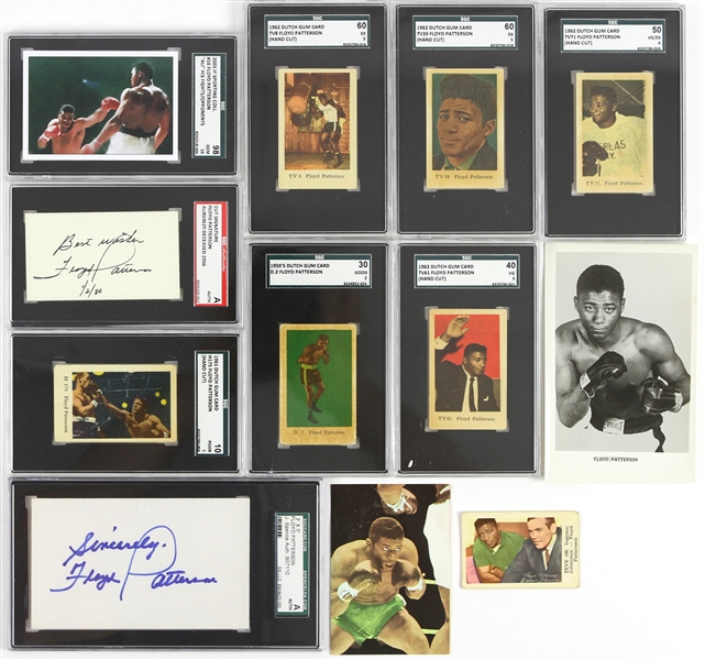 1950s-2000s Floyd Patterson World Heavyweight Champion Memorabilia Collection- Lot of 12 w/ SGC Slabbed Signed Index Card & Cut, SGC Slabbed Trading Cards & More