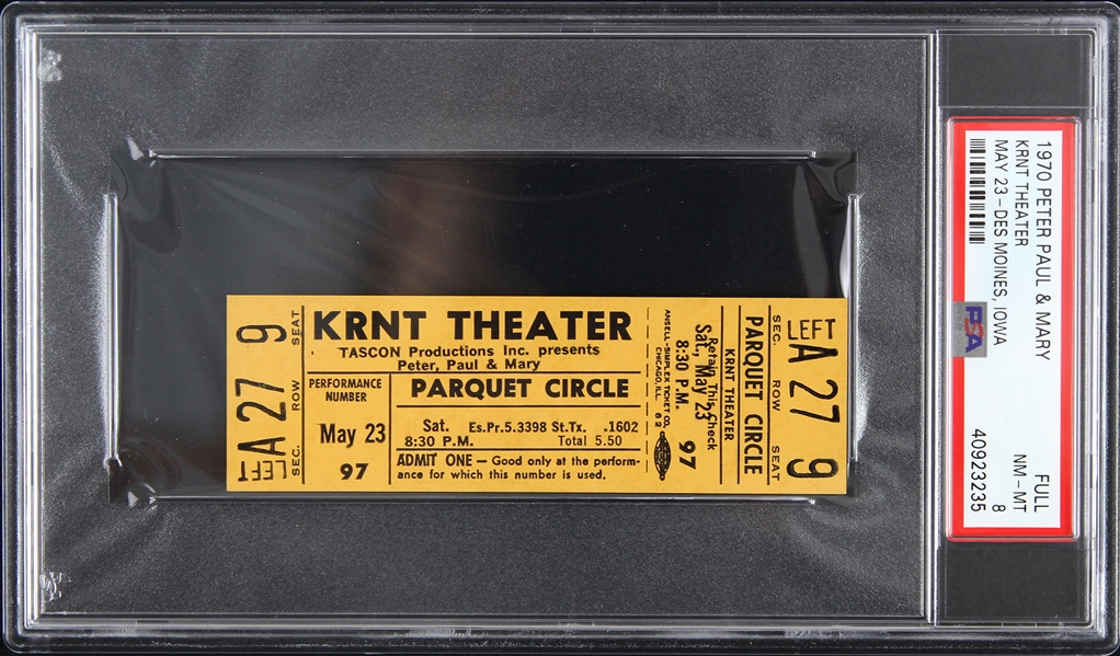 1970 Peter Paul & Mary KRNT Theater Full Ticket (PSA/DNA Slabbed)