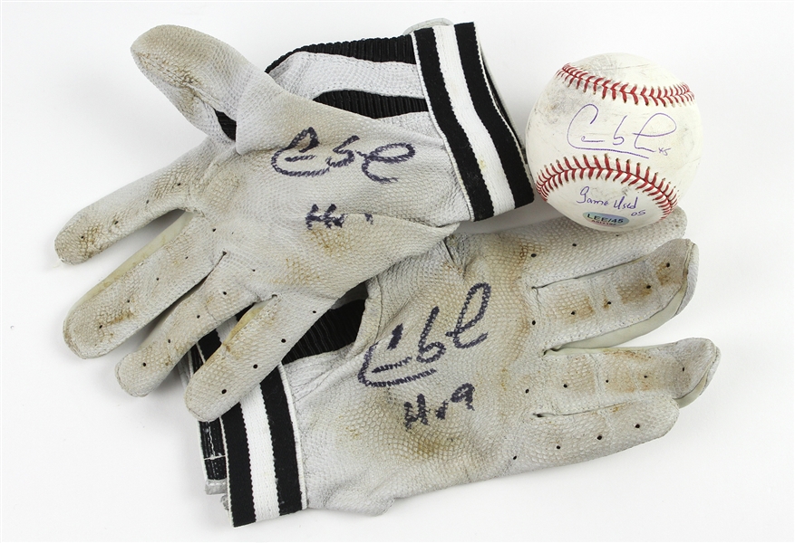 2005 Carlos Lee Milwaukee Brewers Signed Game Used Batting Gloves & OML Selig Baseball (MEARS LOA/JSA/Player Letter)