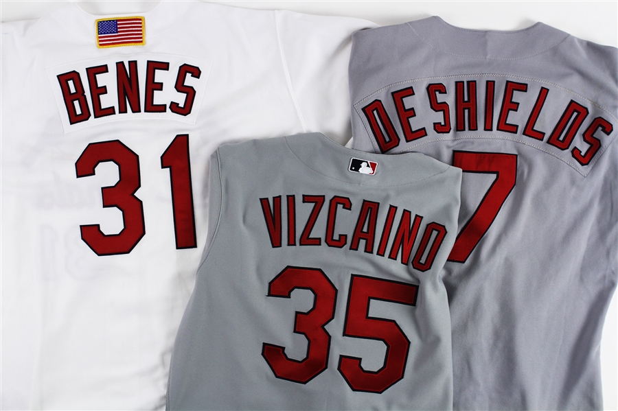 1997-2006 St. Louis Cardinals Game Worn Jerseys Including Delino DeShields, Alan Benes and More (Lot of 3) (MEARS LOA)