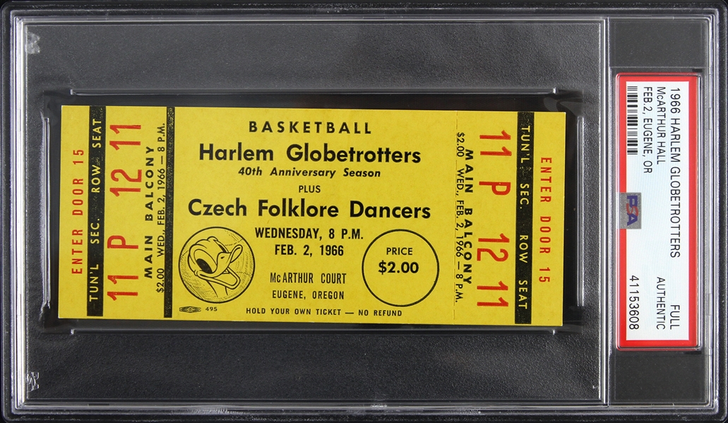 1966 Harlem Globetrotters 40th Anniversary Season McArthur Court Eugene Oregon Full Ticket (PSA Slabbed Authentic)
