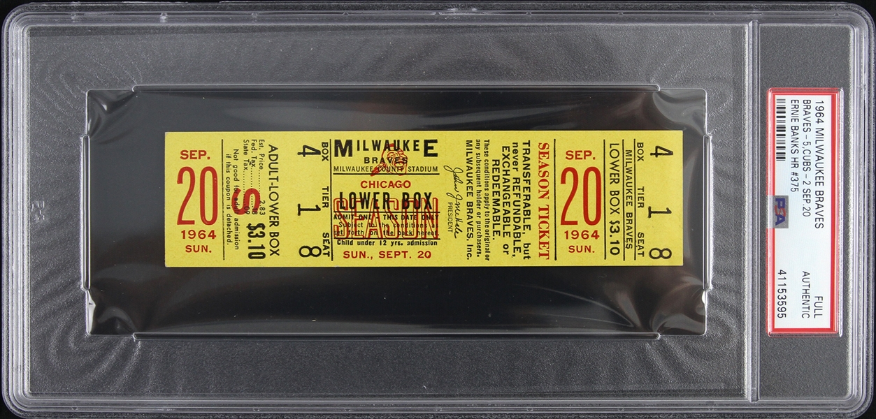 1964 Ernie Banks Chicago Cubs Career HR #375 Full Ticket (PSA Slabbed Authentic)