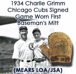 1934 Charlie Grimm Chicago Cubs Signed Game Worn First Basemans Mitt (MEARS LOA/JSA)