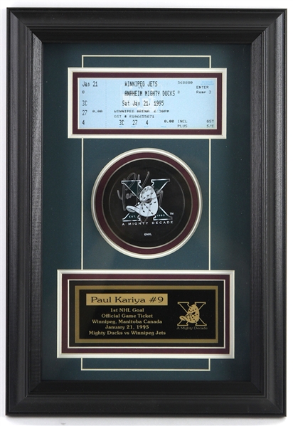 1995 Paul Kariya Anaheim Mighty Ducks 11" x 16" Framed Display w/ First Goal Game Ticket & Signed Puck (JSA)
