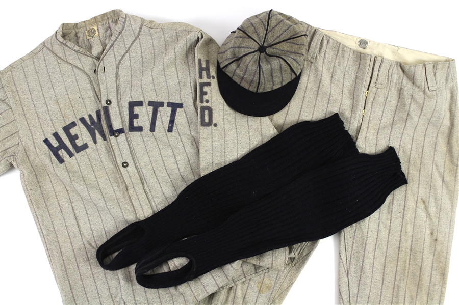 1900s-10s Hewlett HFD Game Worn Spalding Flannel Baseball Uniform w/ Jersey, Pants, Cap & Stirrups (MEARS LOA)