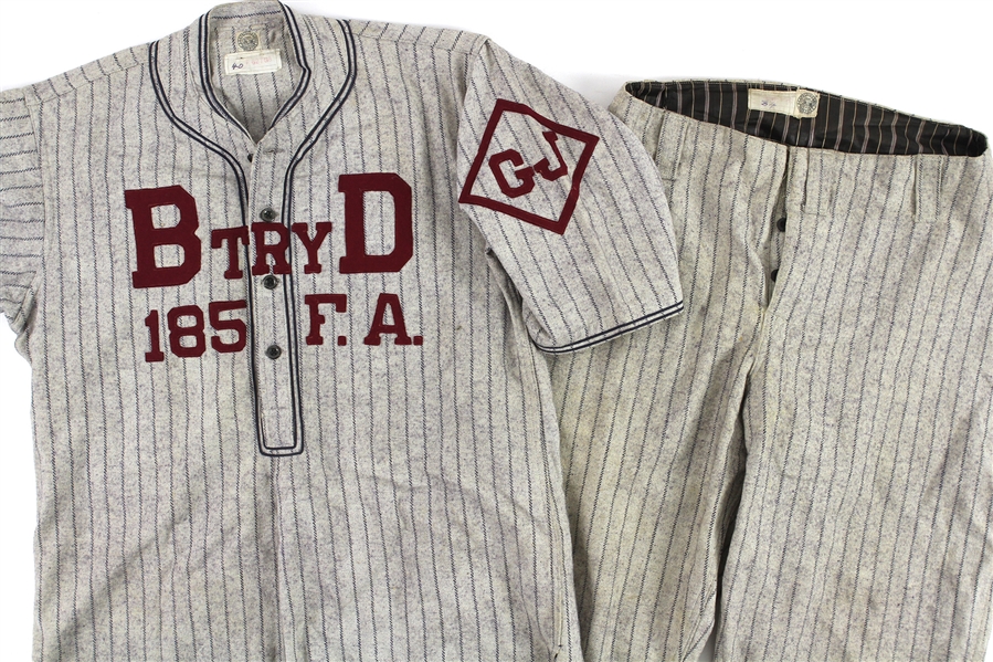 1900s-10s Btry D 185 FA Game Worn Spalding Flannel Baseball Uniform w/ Jersey & Pants (MEARS LOA)