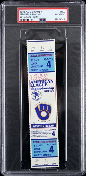 1982 Milwaukee Brewers vs California Angels American League Championship Series Game 4 Full Ticket (PSA/DNA Slabbed)