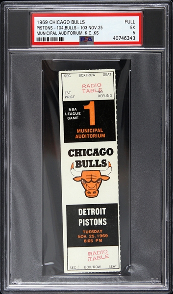 1969 Chicago Bulls vs Detroit Pistons at Municipal Auditorium Radio Table Full Ticket (PSA/DNA Slabbed)