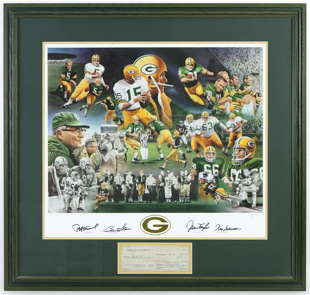 Bart Star - Jim Taylor - Paul Hornung - Ray Nitschke Signed 26" x 23" Lithograph Includes a signed Check by Vince Lombardi (JSA)