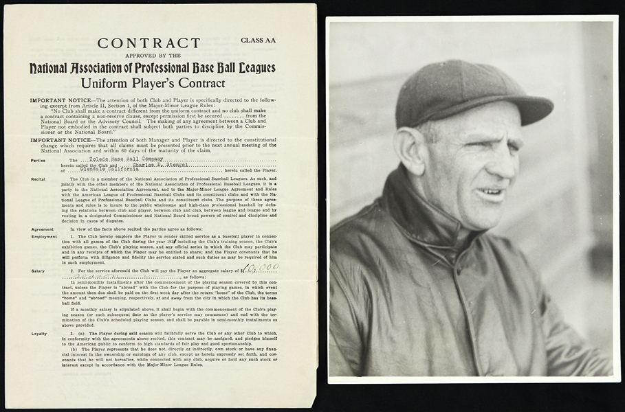 1931 Casey Stengel Toledo Mudhens Signed Player Contract & Vintage Photo