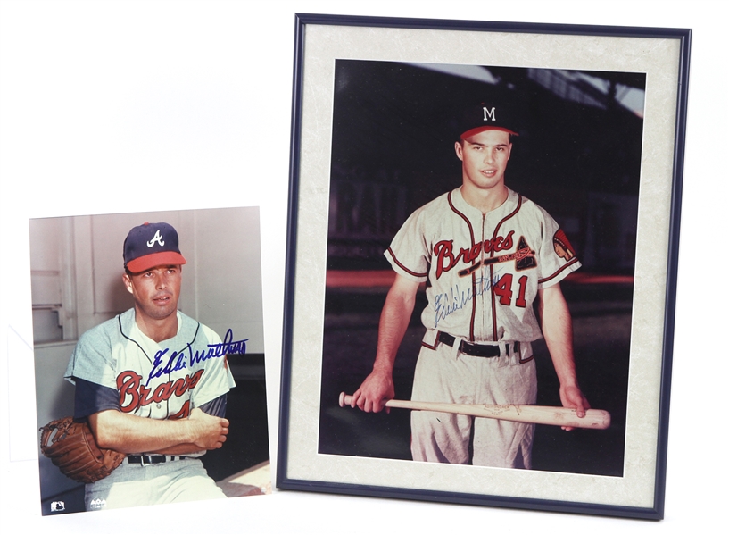 1990s Eddie Mathews Milwaukee/Atlanta Braves Signed Photos - Lot of 2 w/ 8" x 10" & 13 x 16" Framed (JSA)
