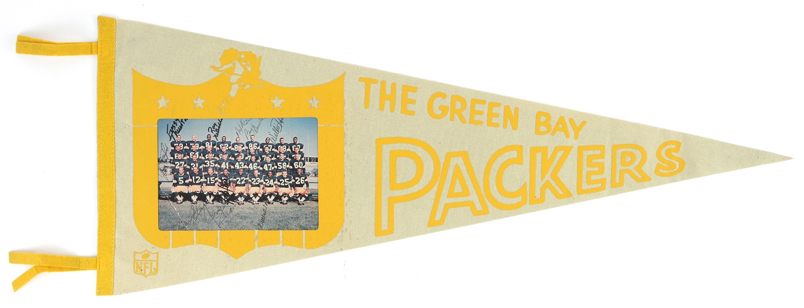 1960s Green Bay Packers Multi Signed 29" Full Size Team Photo Pennant w/ 10 Signatures Including Bart Starr, Ray Nitschke, Jim Taylor & More (*Full JSA Letter*)