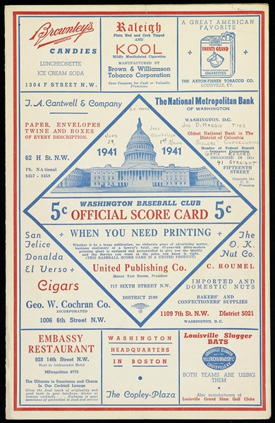 1941 Washington Senators Scorecard from game Joe DiMaggio Tied Sisler 41 Game Hit Streak