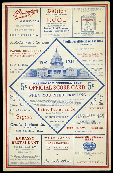 1941 Washington Senators vs. New York Yankees Unscored Program