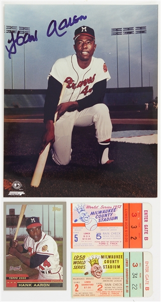 1957-2000 Hank Aaron Milwaukee Braves Collection - Lot of 4 w/ 1957 & 1958 World Series Stubs, Topps 2000 Oversize Trading Card & Signed 8" x 10" Photo (JSA)