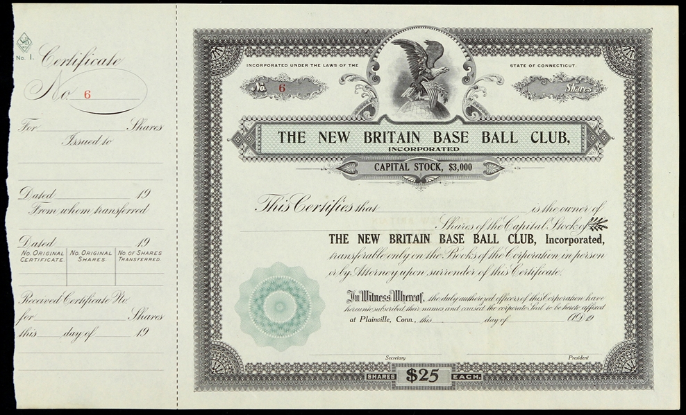 1900s New Britain Baseball Club Capital Stock Certificate 
