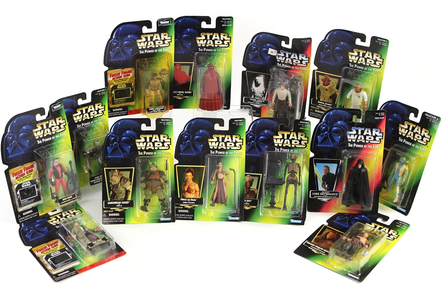 1995 Star Wars Power of the Force MOC Action Figures - Lot of 14 w/ Luke Skywalker, Han Solo, Princess Leia Organa, Greedo, Nien Nunb, Admiral Ackbar & More