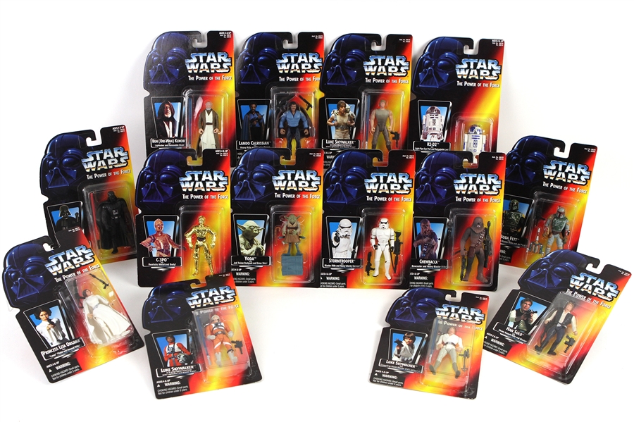 1995 Star Wars Power of the Force MOC Action Figures - Lot of 16 w/ Chewbacca, Yoda, Obi-Wan Kenobi, Boba Fett, R2D2, C3PO & More