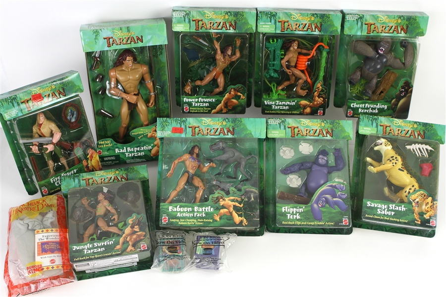 1999 Disneys Tarzan MOC Action Figures - Lot of 12 w/ Rad Repeatin Tarzan, Vine Jammin Tarzan, Jungle Surfin Tarzan & More